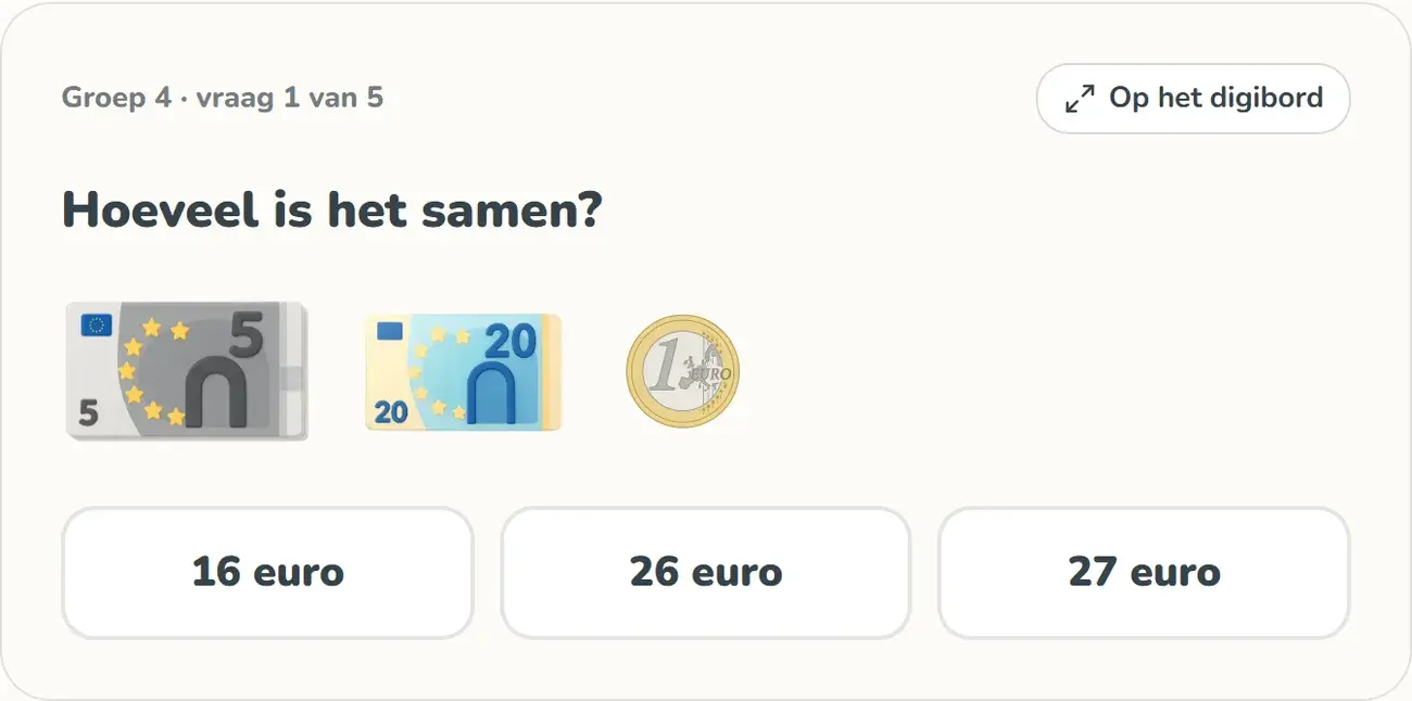 Een oefening voor groep 4 op het digibord: hoeveel is een briefje van 5, een briefje van 20 en een munt van 1 euro samen